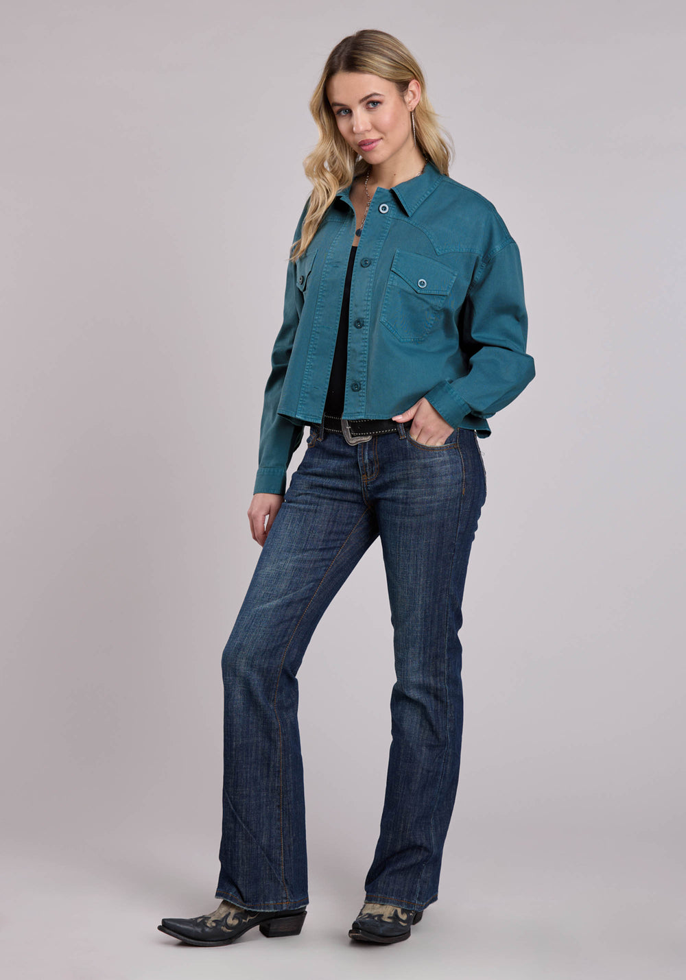 WOMENS JACKET BUTTON TURQUOISE PIGMENT DYED CROP JCKT WESTERN JACKET
