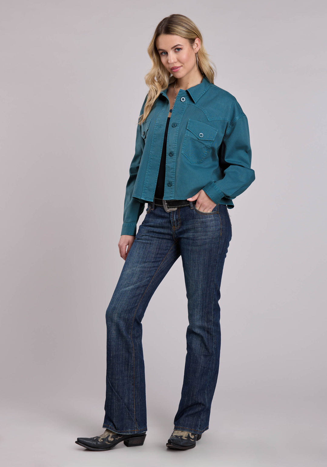 WOMENS JACKET BUTTON TURQUOISE PIGMENT DYED CROP JCKT WESTERN JACKET