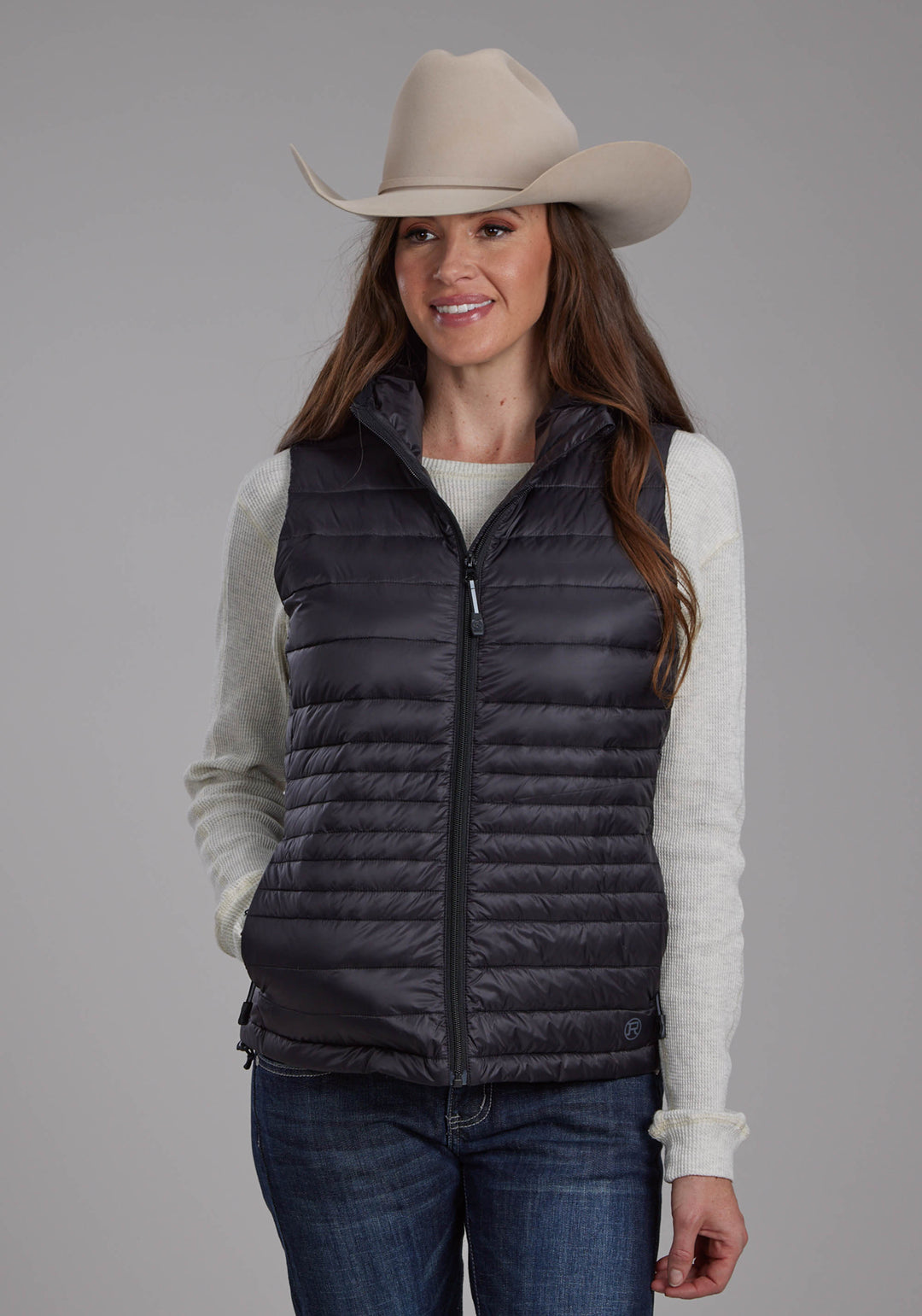 WOMENS BLACK NYLON DOWN PROOF COATED ZIPPER VEST