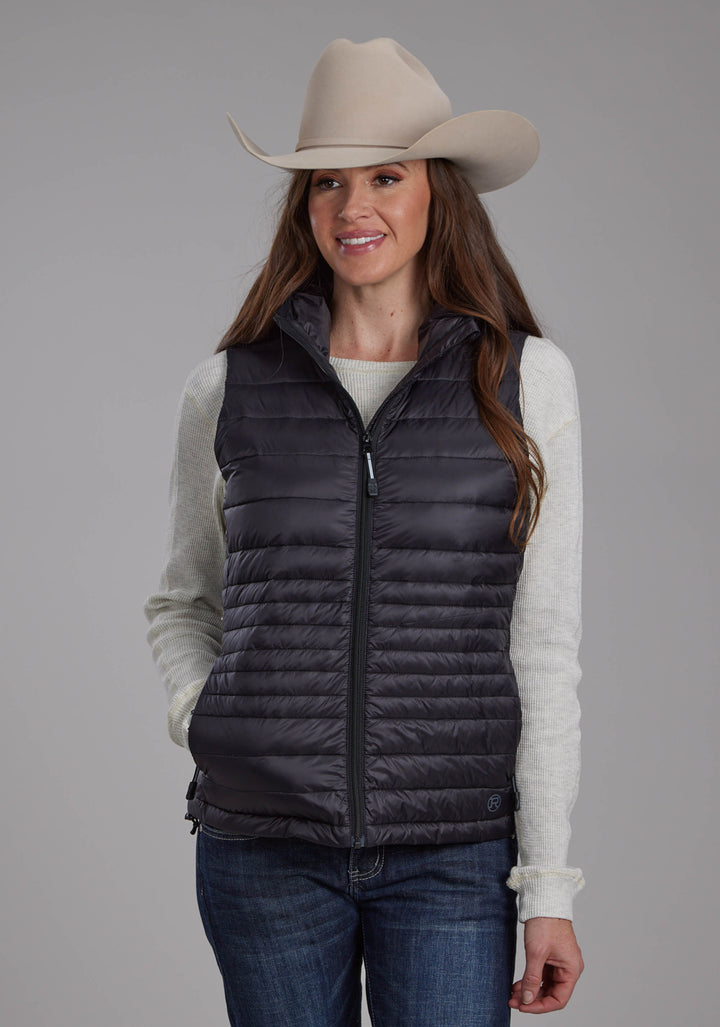 WOMENS BLACK NYLON DOWN PROOF COATED ZIPPER VEST