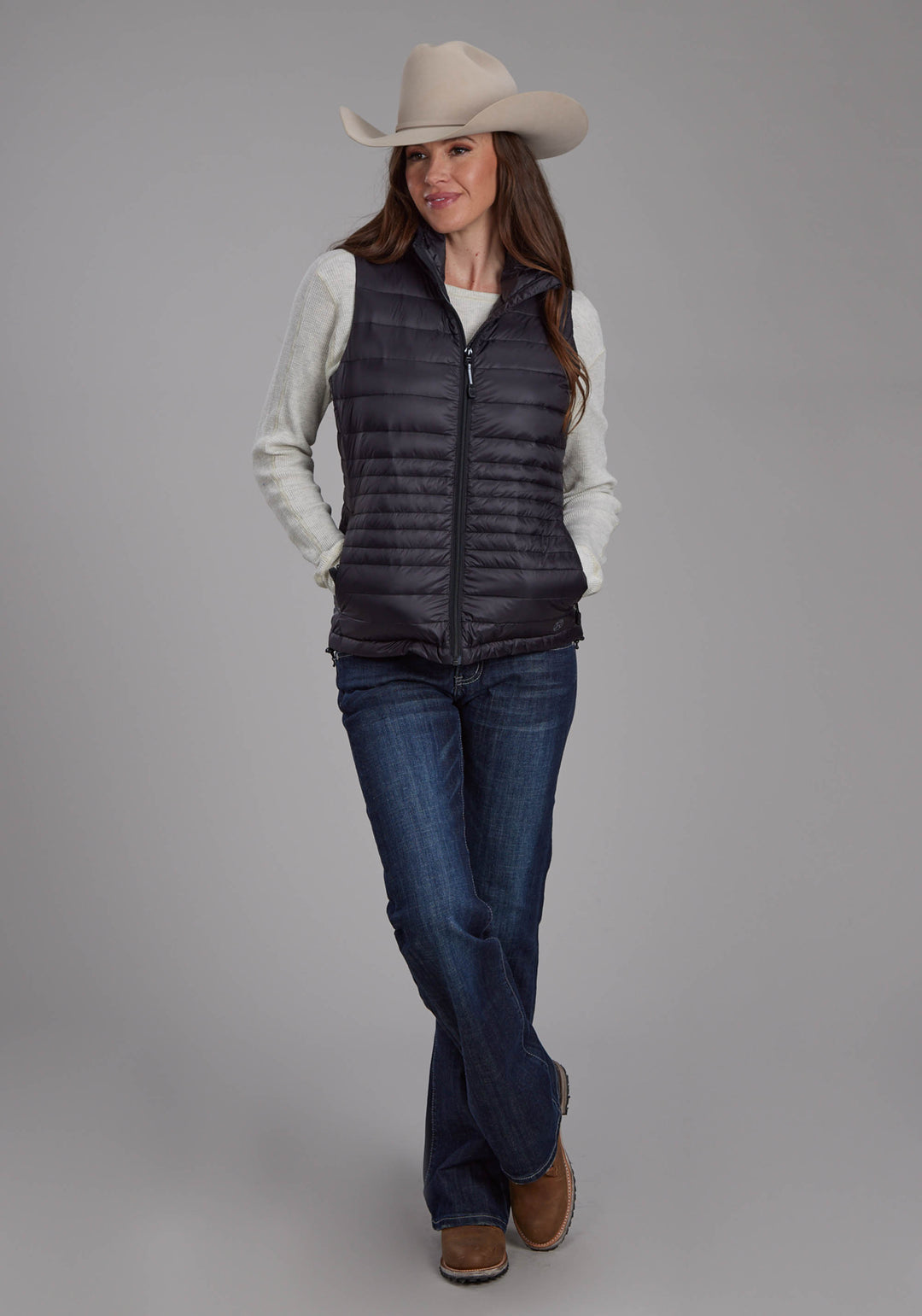 WOMENS BLACK NYLON DOWN PROOF COATED ZIPPER VEST