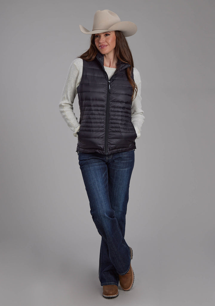 WOMENS BLACK NYLON DOWN PROOF COATED ZIPPER VEST