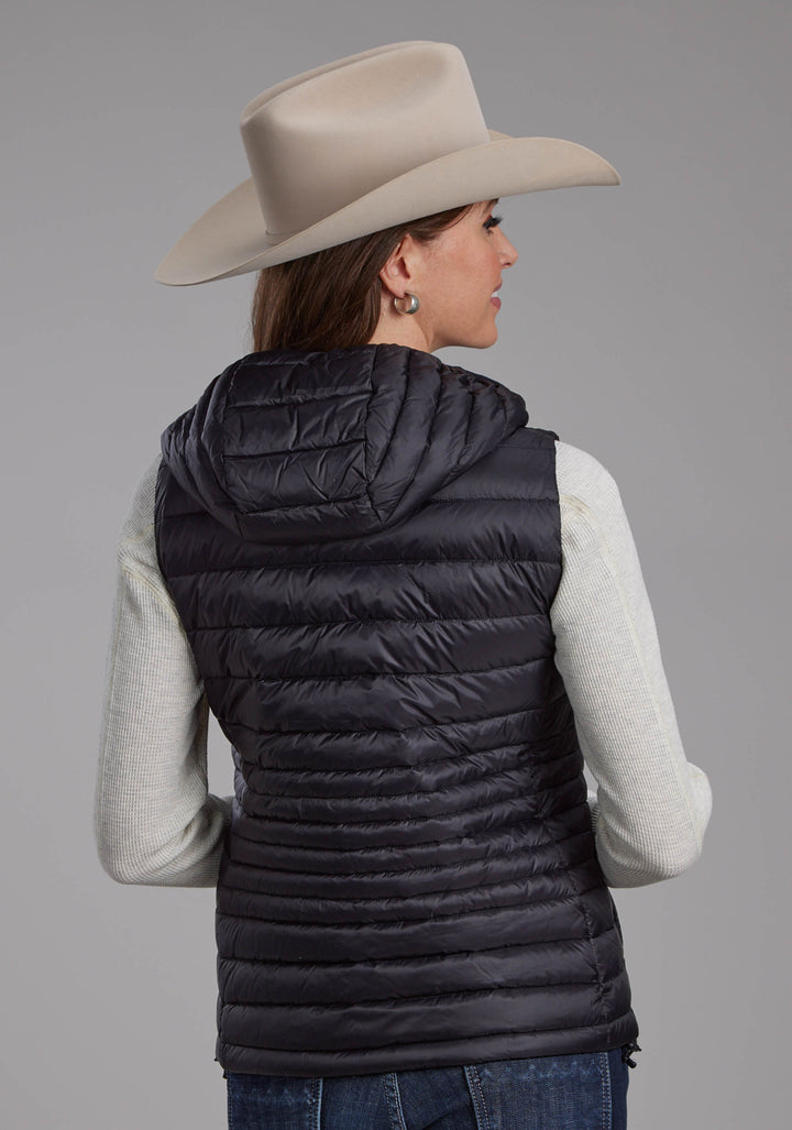 WOMENS BLACK NYLON DOWN PROOF COATED ZIPPER VEST