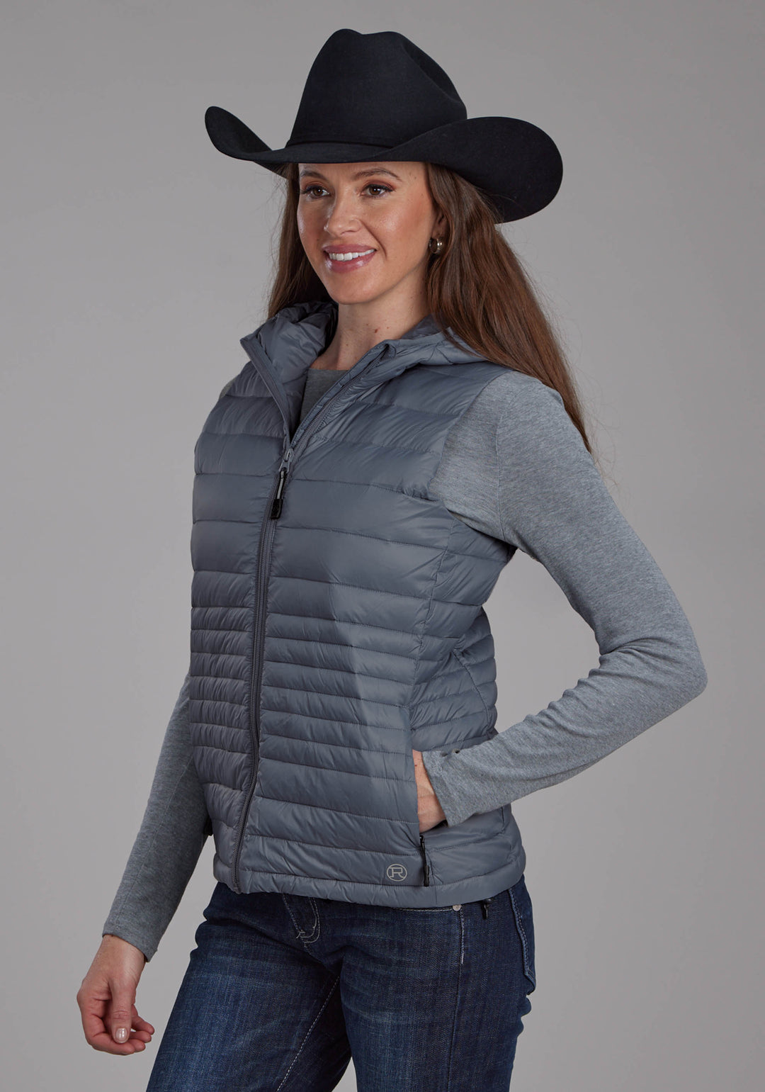 WOMENS SILVER BLUE DOWN PROOF COATED ZIPPER VEST