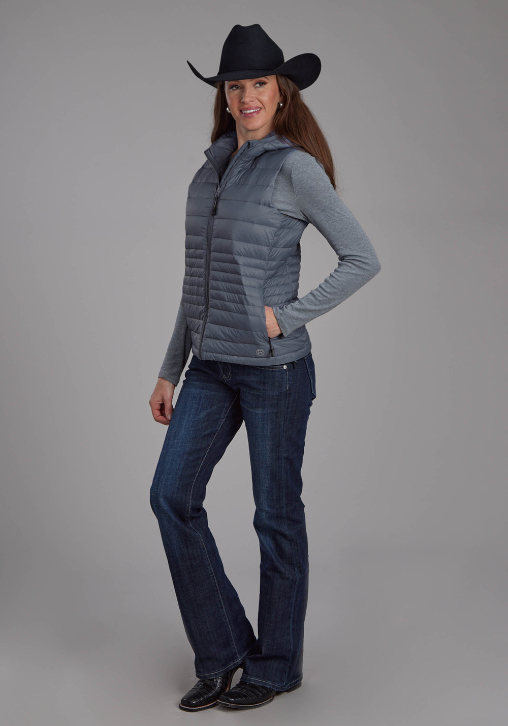 WOMENS SILVER BLUE DOWN PROOF COATED ZIPPER VEST