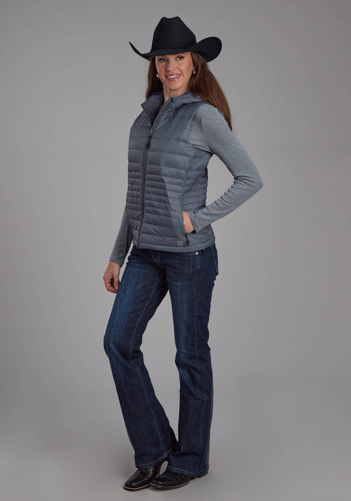 WOMENS SILVER BLUE DOWN PROOF COATED ZIPPER VEST