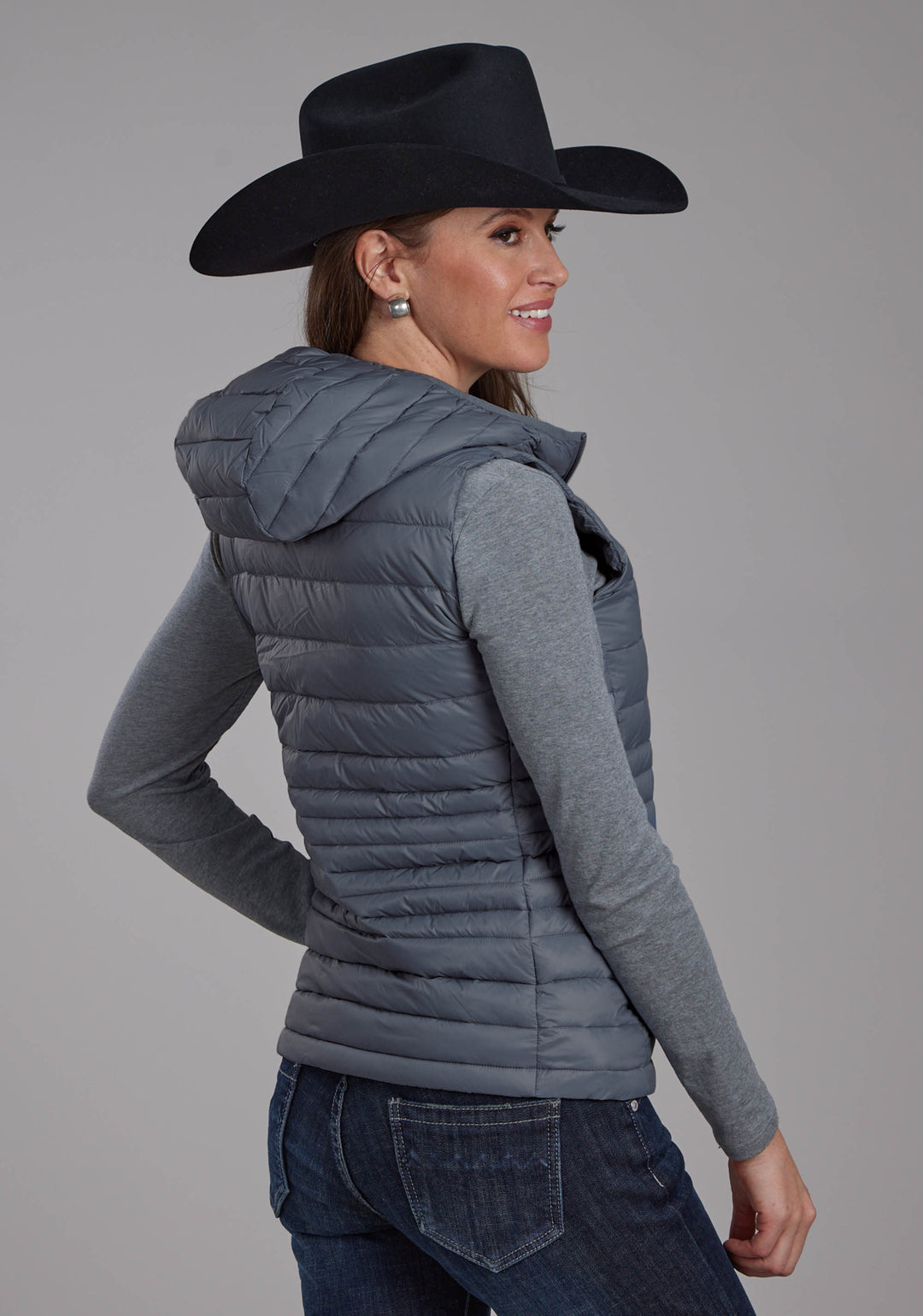 WOMENS SILVER BLUE DOWN PROOF COATED ZIPPER VEST