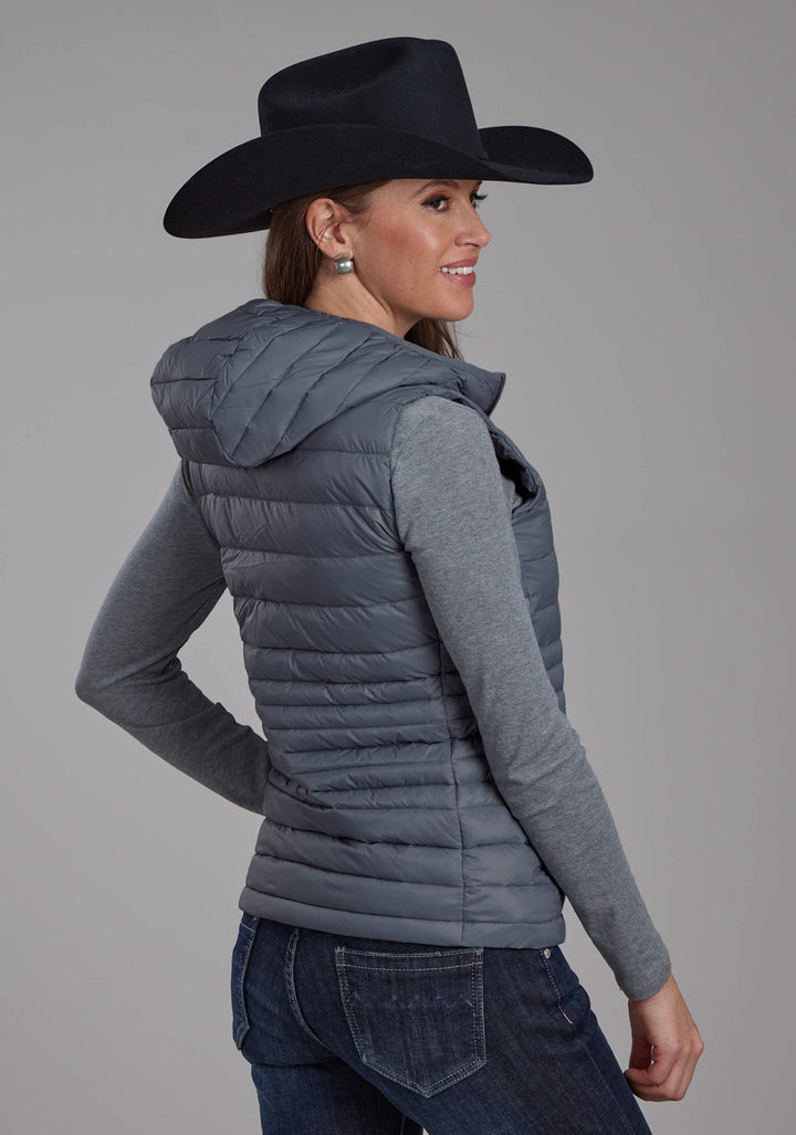 WOMENS SILVER BLUE DOWN PROOF COATED ZIPPER VEST