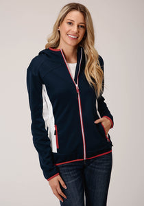 WOMENS NAVY WHITE AND RED BONDED FLEECE ZIP FRONT JACKET