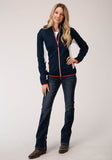 WOMENS NAVY WHITE AND RED BONDED FLEECE ZIP FRONT JACKET