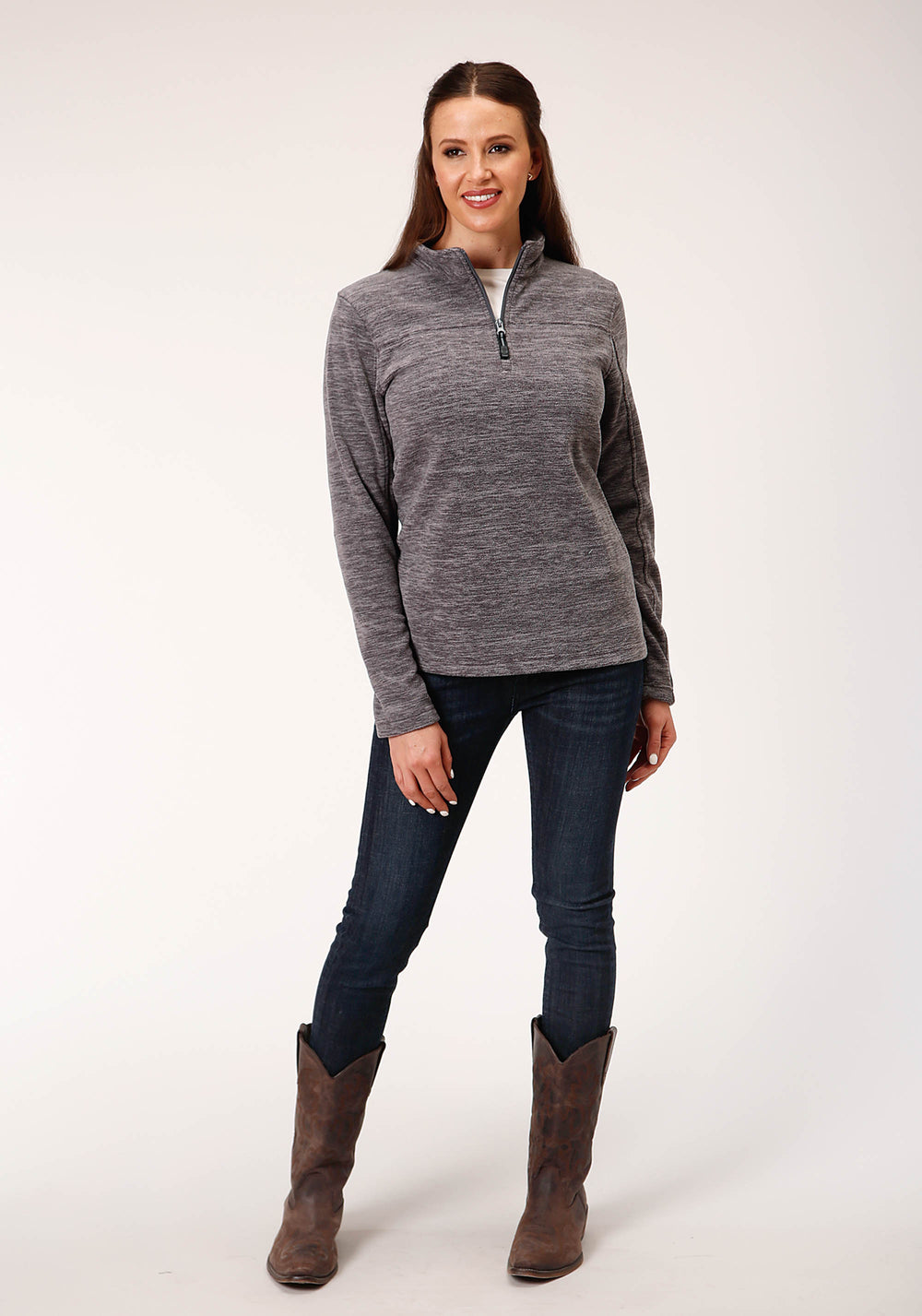 WOMENS MELANGE GREY MICRO FLEECE PULLOVER