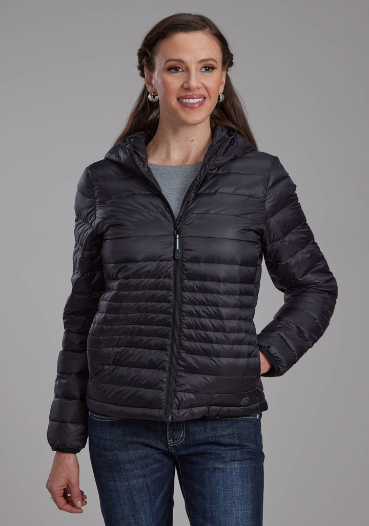 WOMENS BLACK NYLON DOWN ZIPPER JACKET