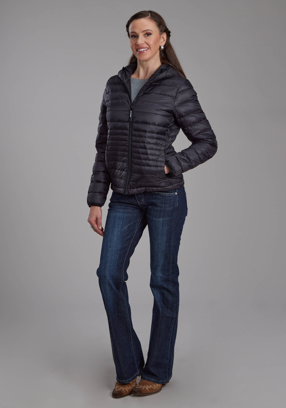 WOMENS BLACK NYLON DOWN ZIPPER JACKET