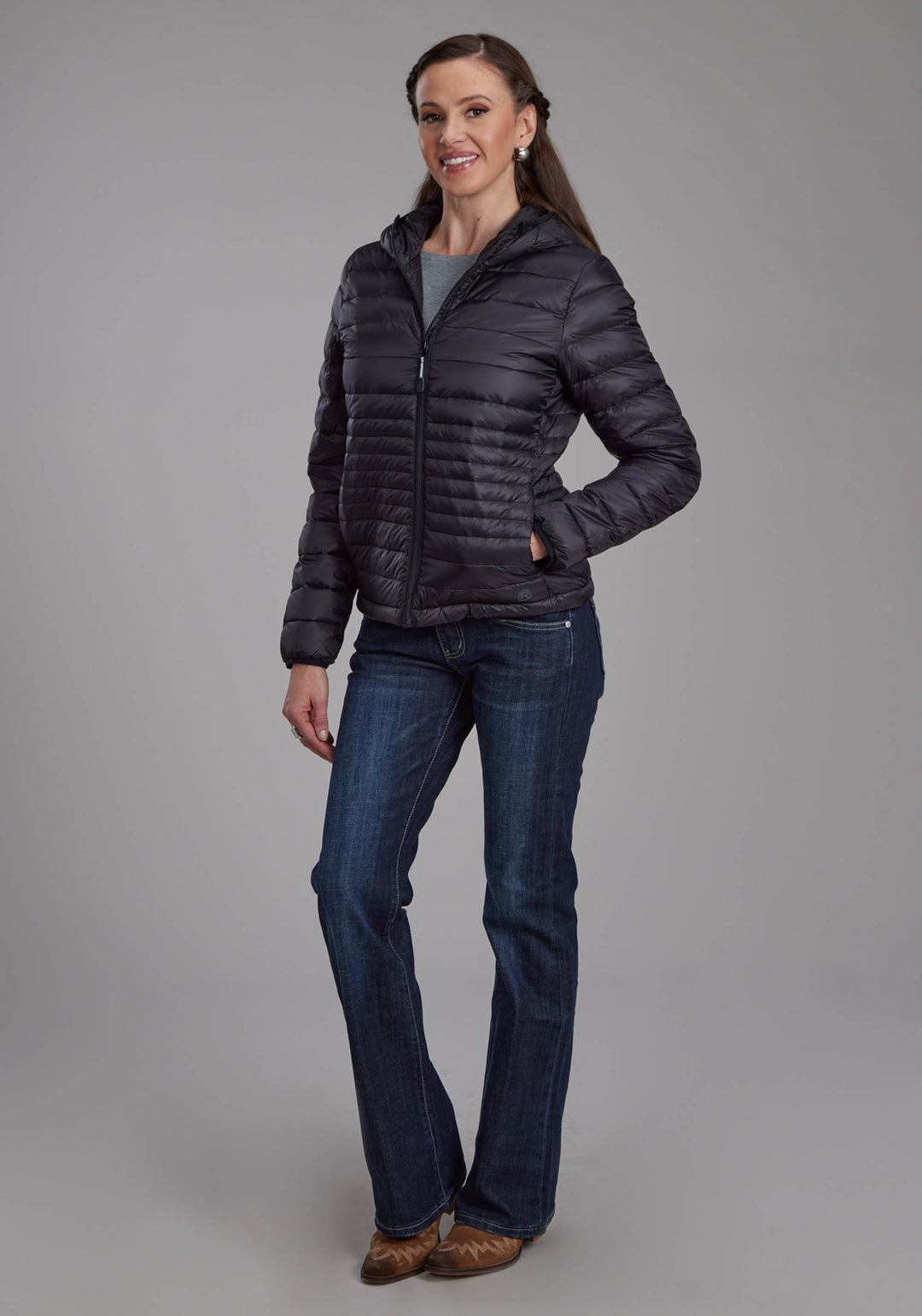 WOMENS BLACK NYLON DOWN ZIPPER JACKET