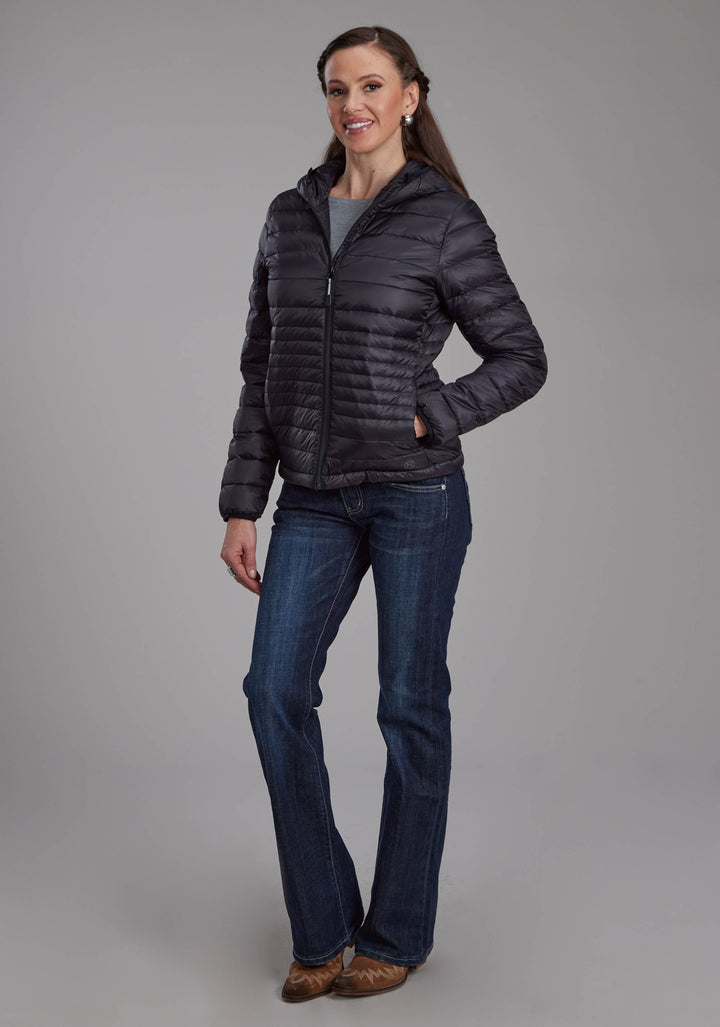 WOMENS BLACK NYLON DOWN ZIPPER JACKET
