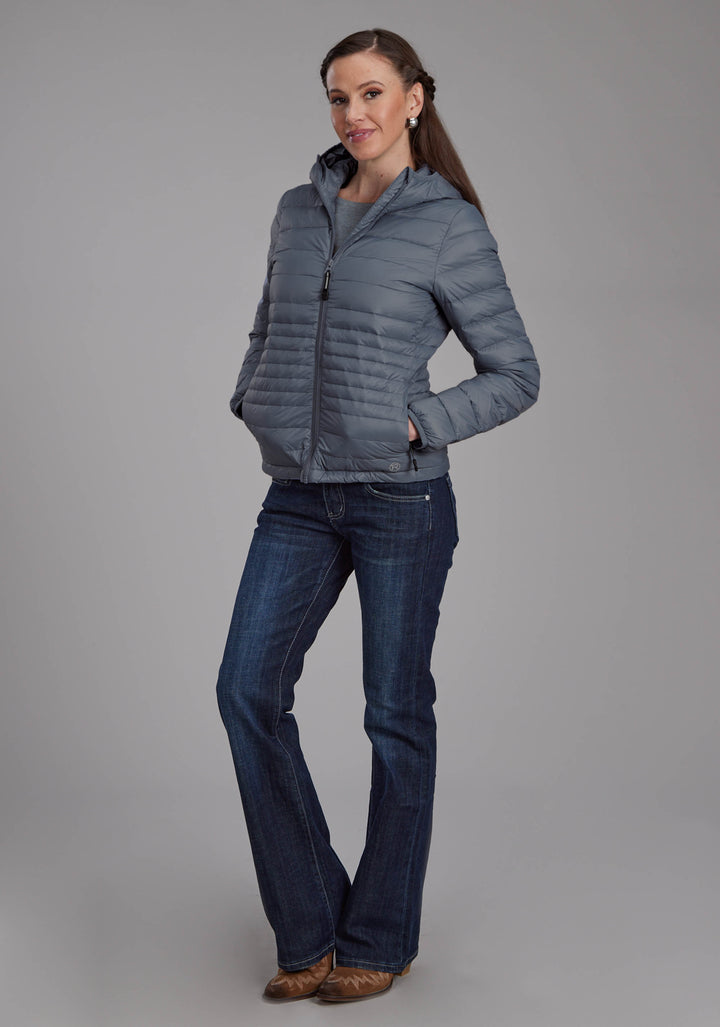 WOMENS SILVER BLUE DOWN PROOF COATED ZIPPER JACKET