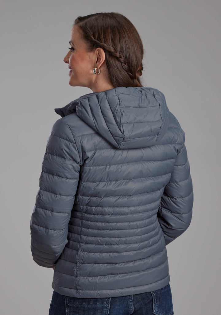 WOMENS SILVER BLUE DOWN PROOF COATED ZIPPER JACKET