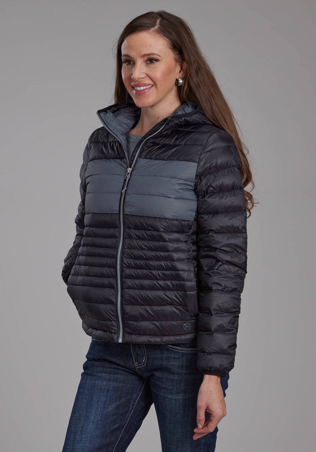 WOMENS BLACK NYLON HOODED DOWN ZIPPER JACKET
