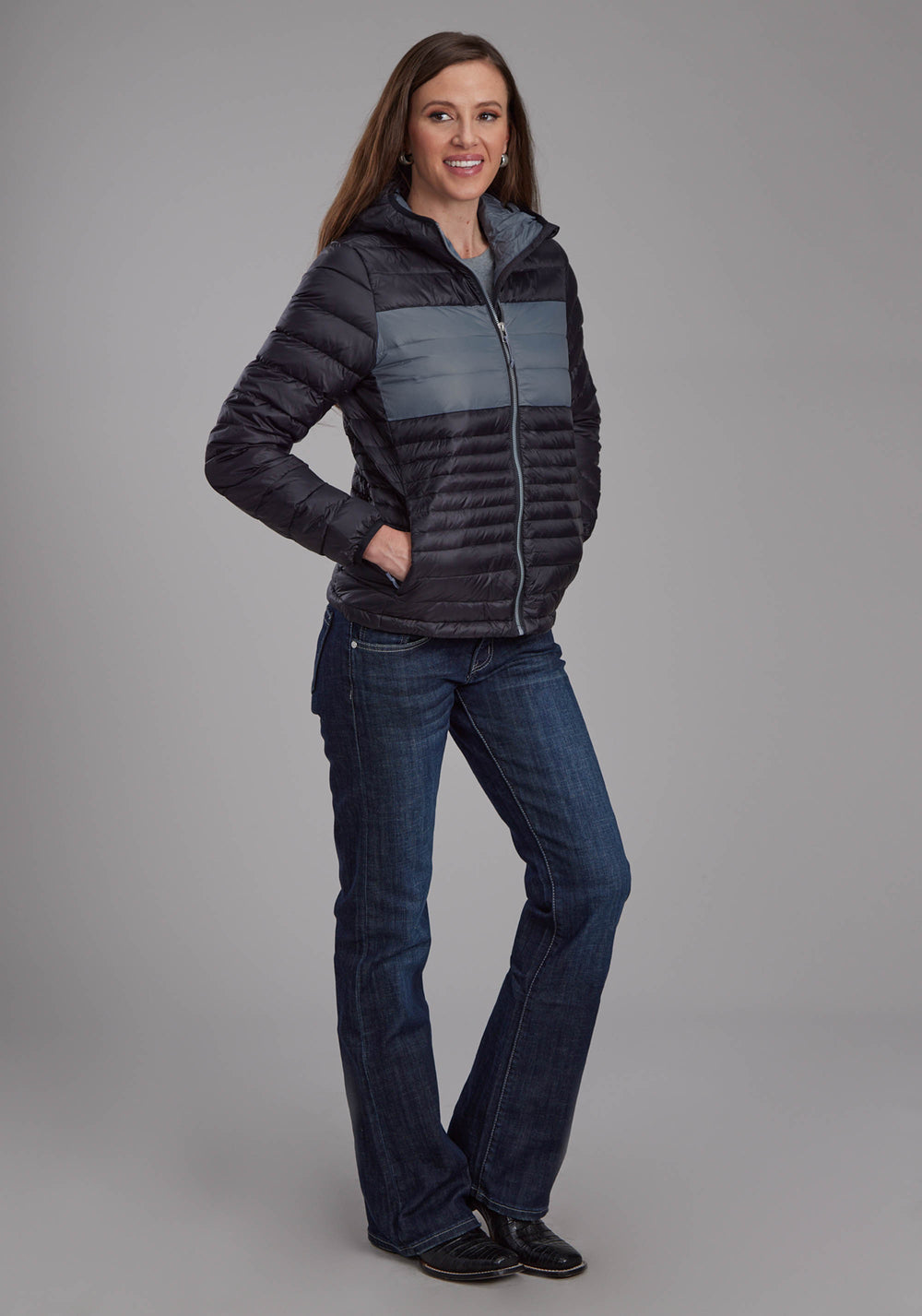 WOMENS BLACK NYLON HOODED DOWN ZIPPER JACKET