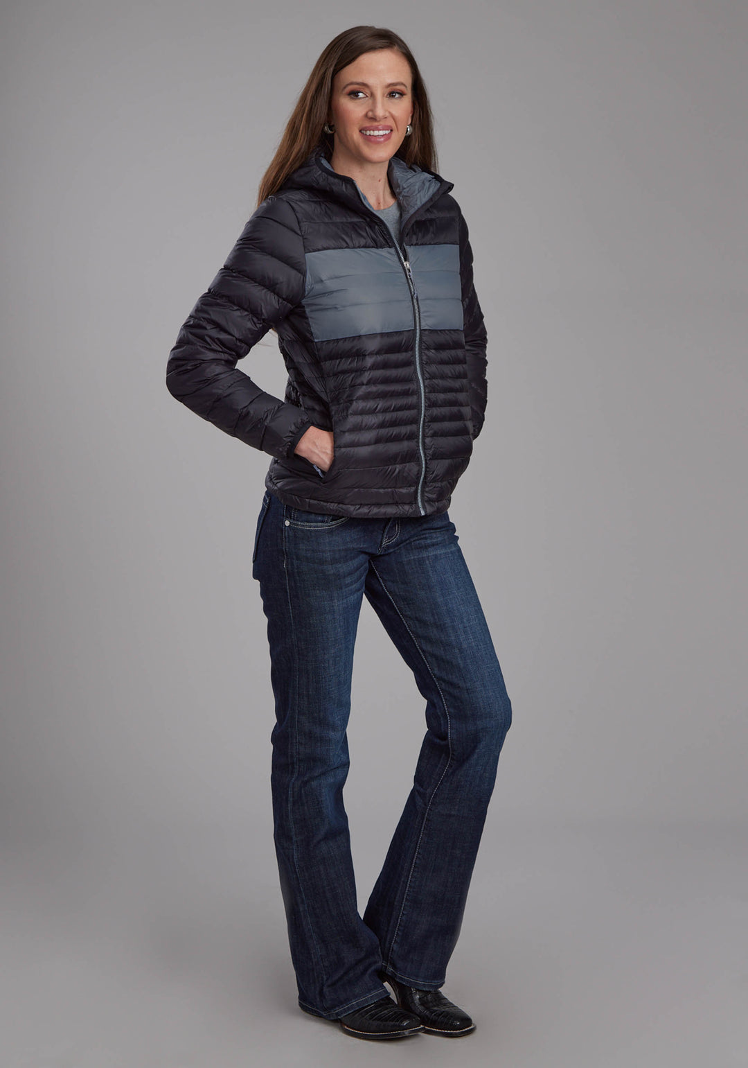 WOMENS BLACK NYLON HOODED DOWN ZIPPER JACKET