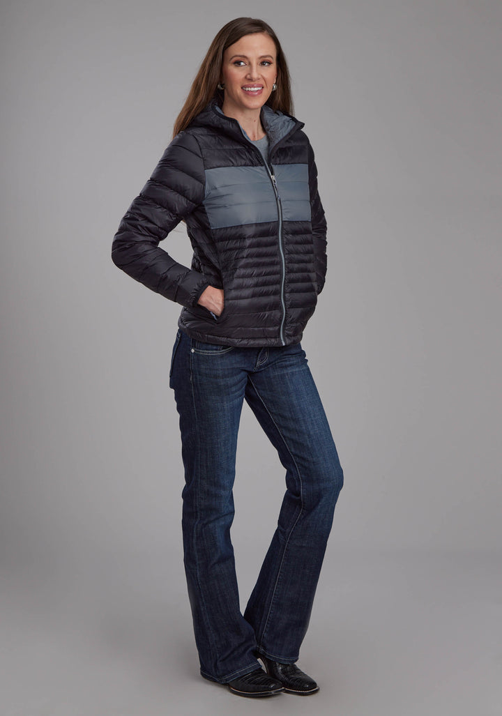 WOMENS BLACK NYLON HOODED DOWN ZIPPER JACKET