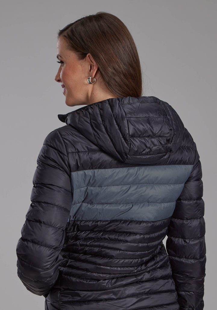 WOMENS BLACK NYLON HOODED DOWN ZIPPER JACKET