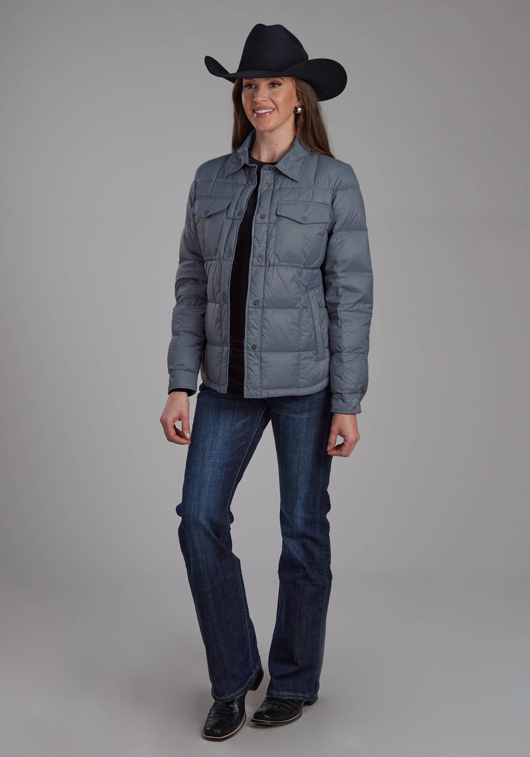 WOMENS SILVER BLUE NYLON SHIRT SNAP JACKET