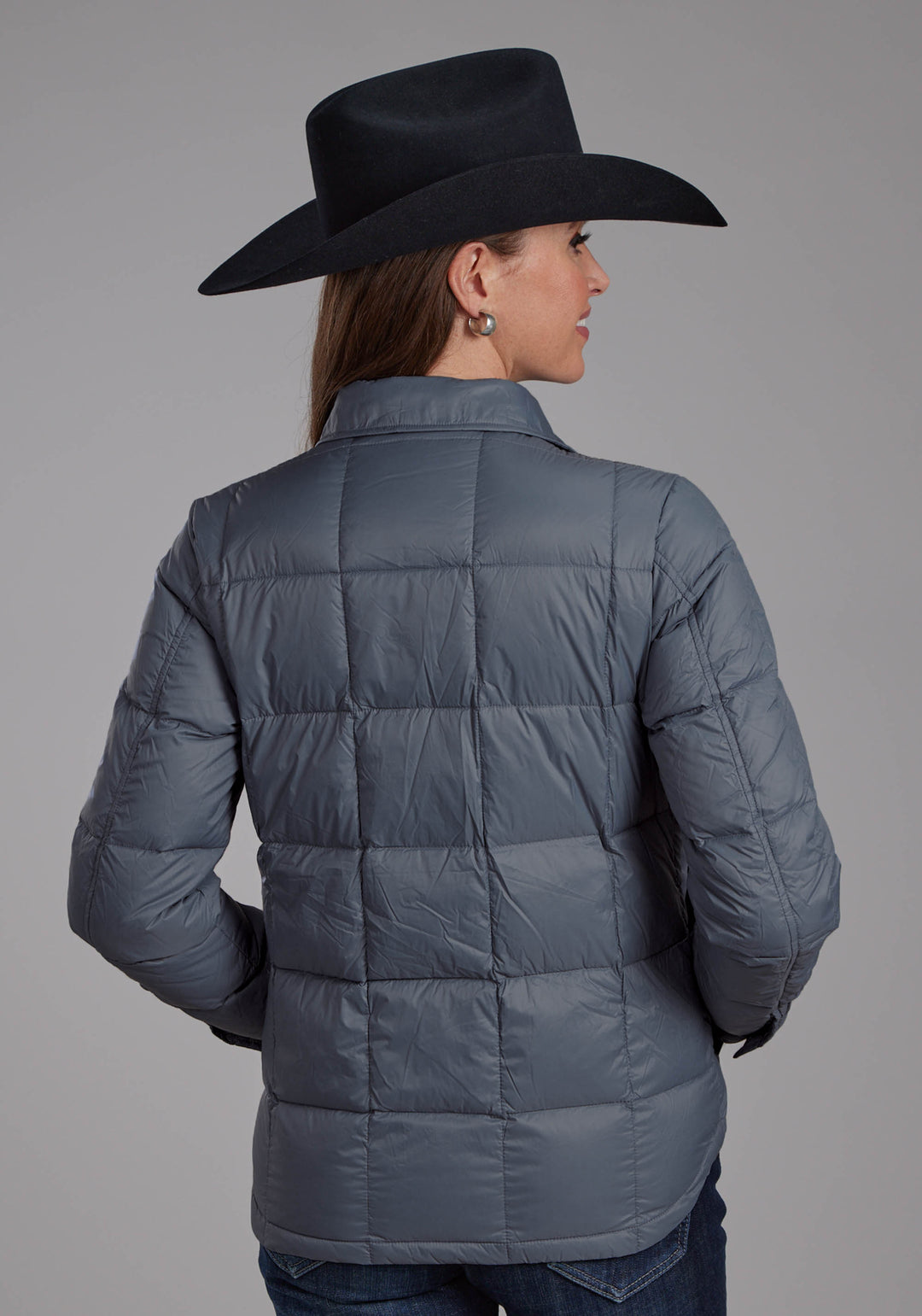 WOMENS SILVER BLUE NYLON SHIRT SNAP JACKET