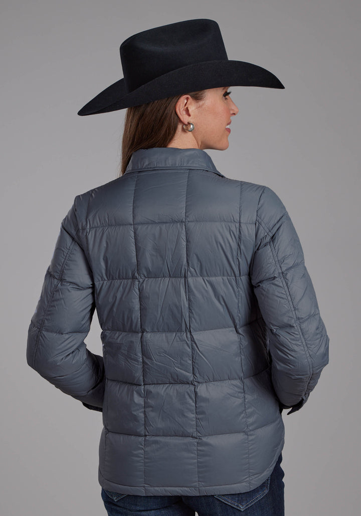 WOMENS SILVER BLUE NYLON SHIRT SNAP JACKET