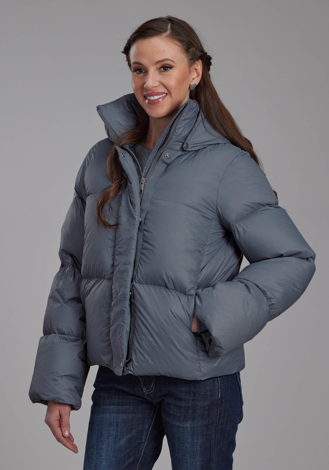 WOMENS SILVER BLUE NYLON DWN PUFFER COAT ZIPPER JACKET