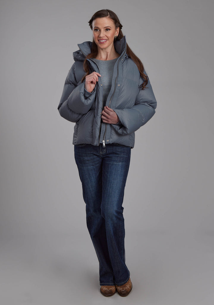 WOMENS SILVER BLUE NYLON DWN PUFFER COAT ZIPPER JACKET