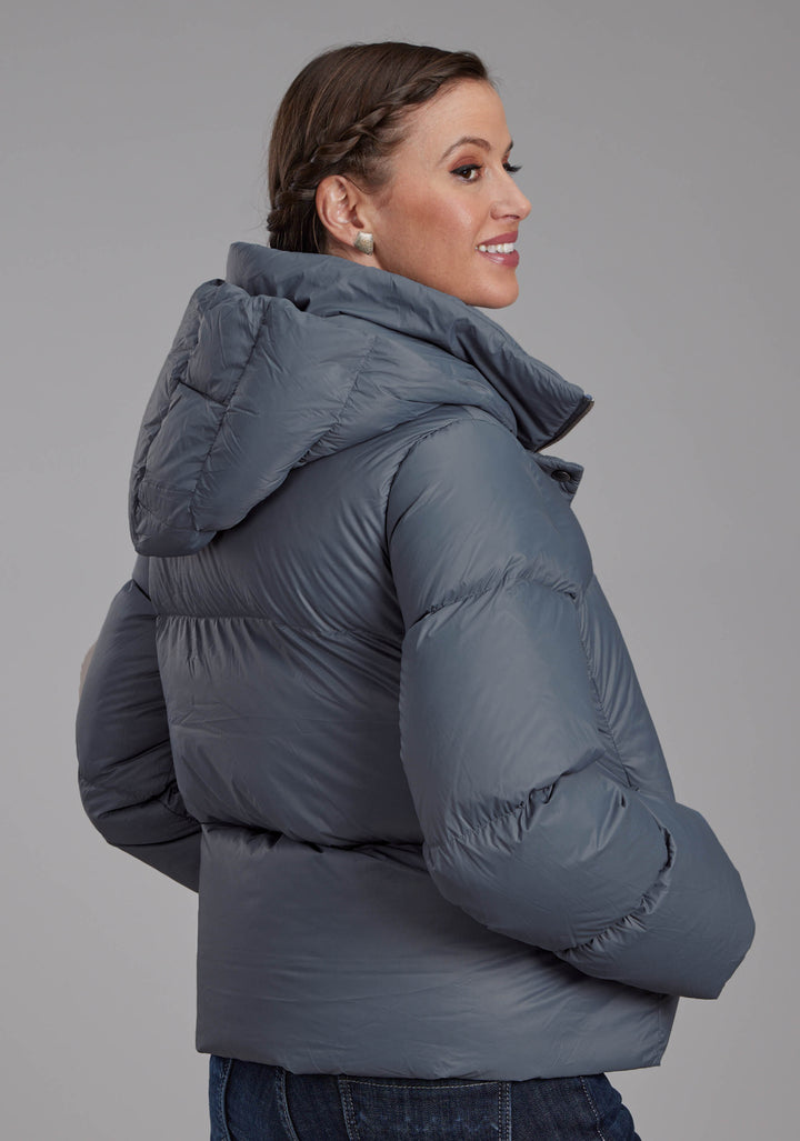 WOMENS SILVER BLUE NYLON DWN PUFFER COAT ZIPPER JACKET