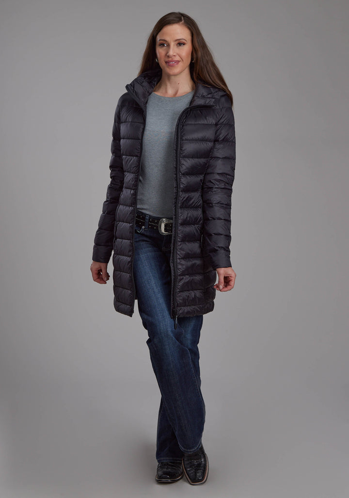 WOMENS BLACK NYLON DOWN PROOF LONG COAT ZIPPER JACKET