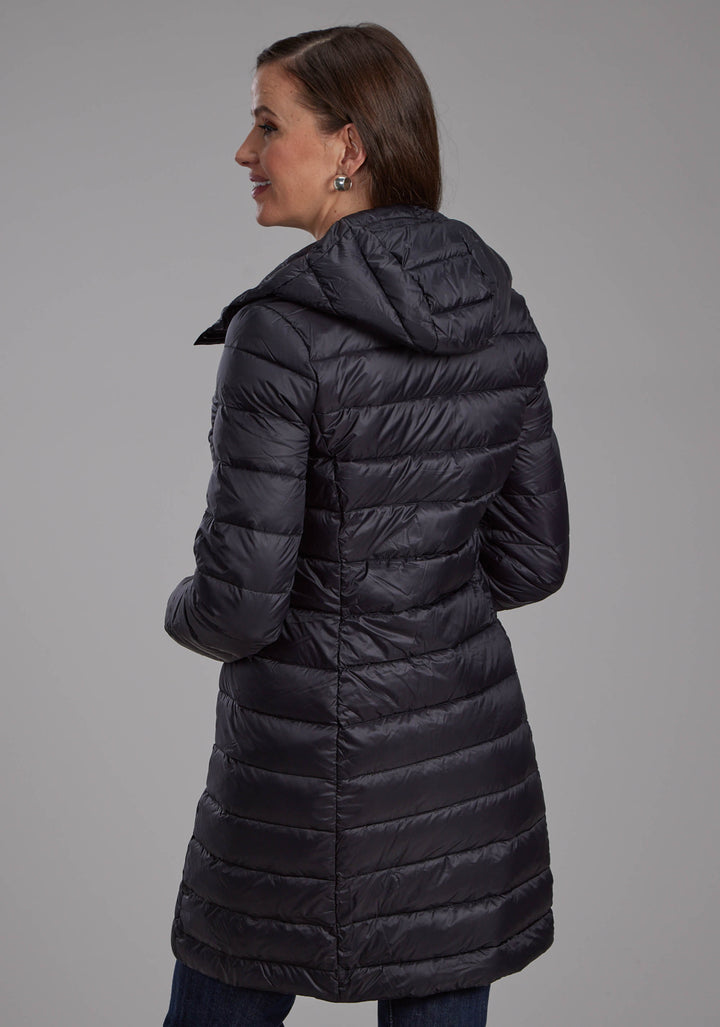 WOMENS BLACK NYLON DOWN PROOF LONG COAT ZIPPER JACKET