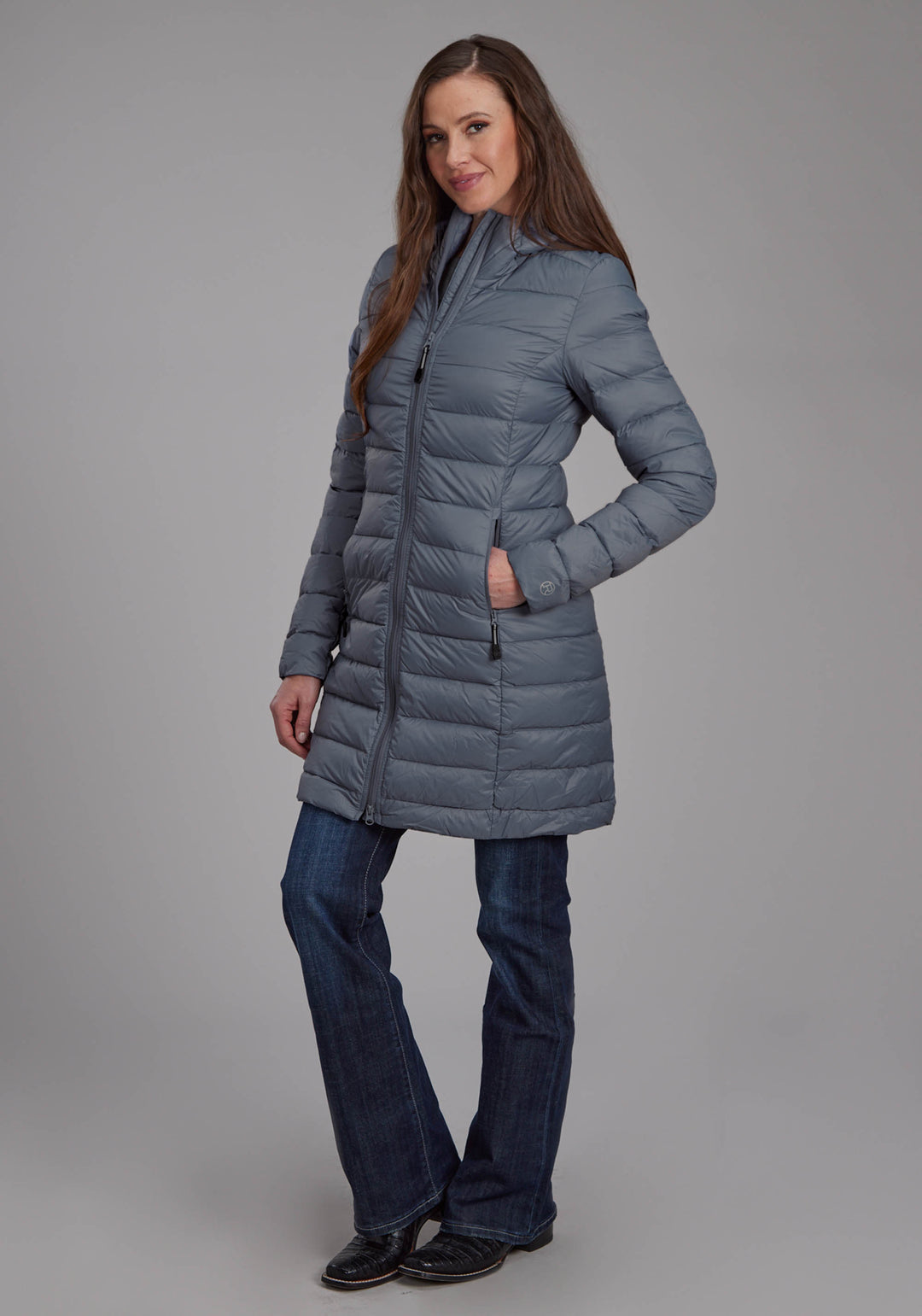 WOMENS SILVER BLUE DOWN PROOF LONG COAT ZIPPER JACKET