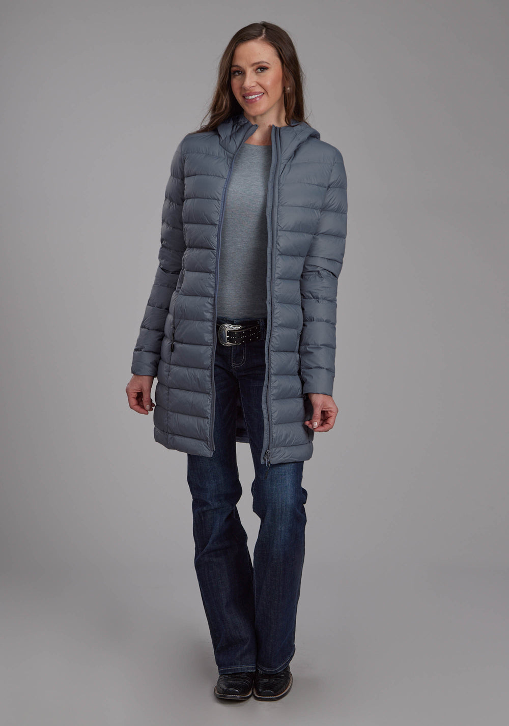 WOMENS SILVER BLUE DOWN PROOF LONG COAT ZIPPER JACKET