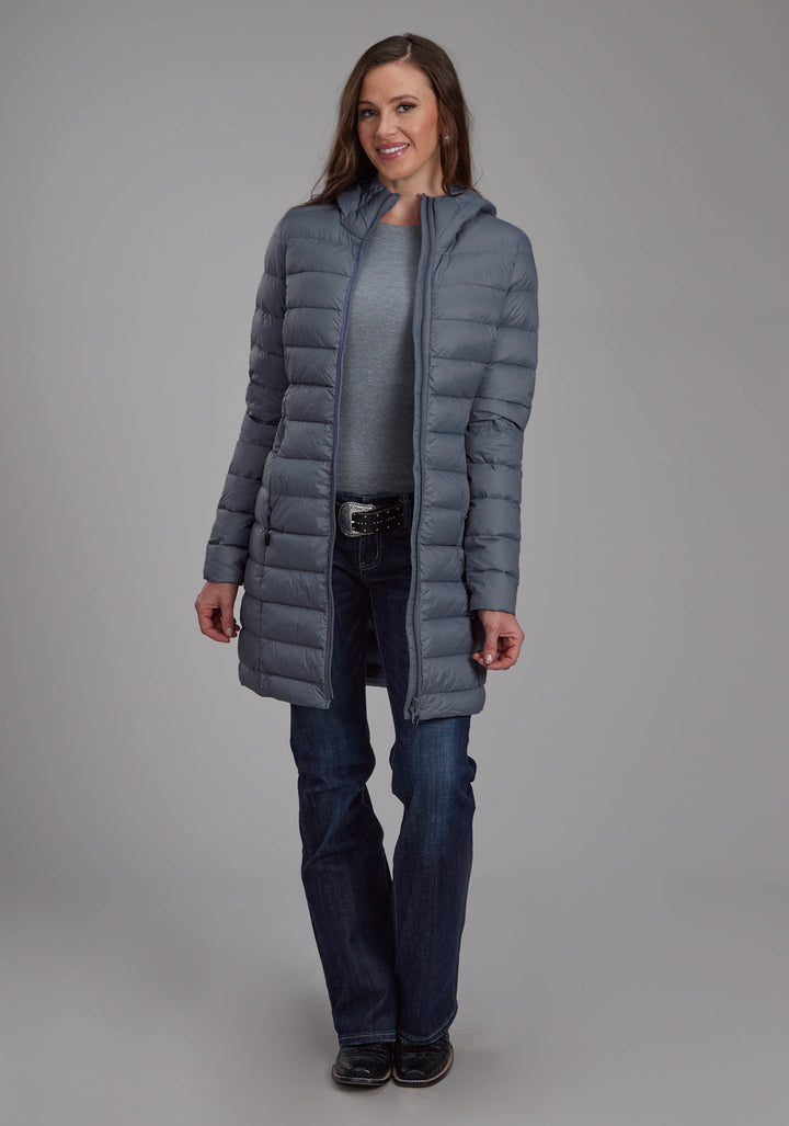 WOMENS SILVER BLUE DOWN PROOF LONG COAT ZIPPER JACKET