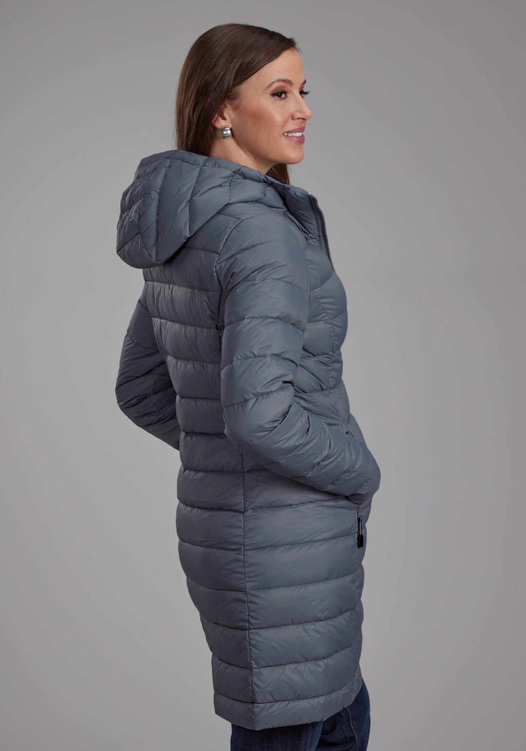WOMENS SILVER BLUE DOWN PROOF LONG COAT ZIPPER JACKET