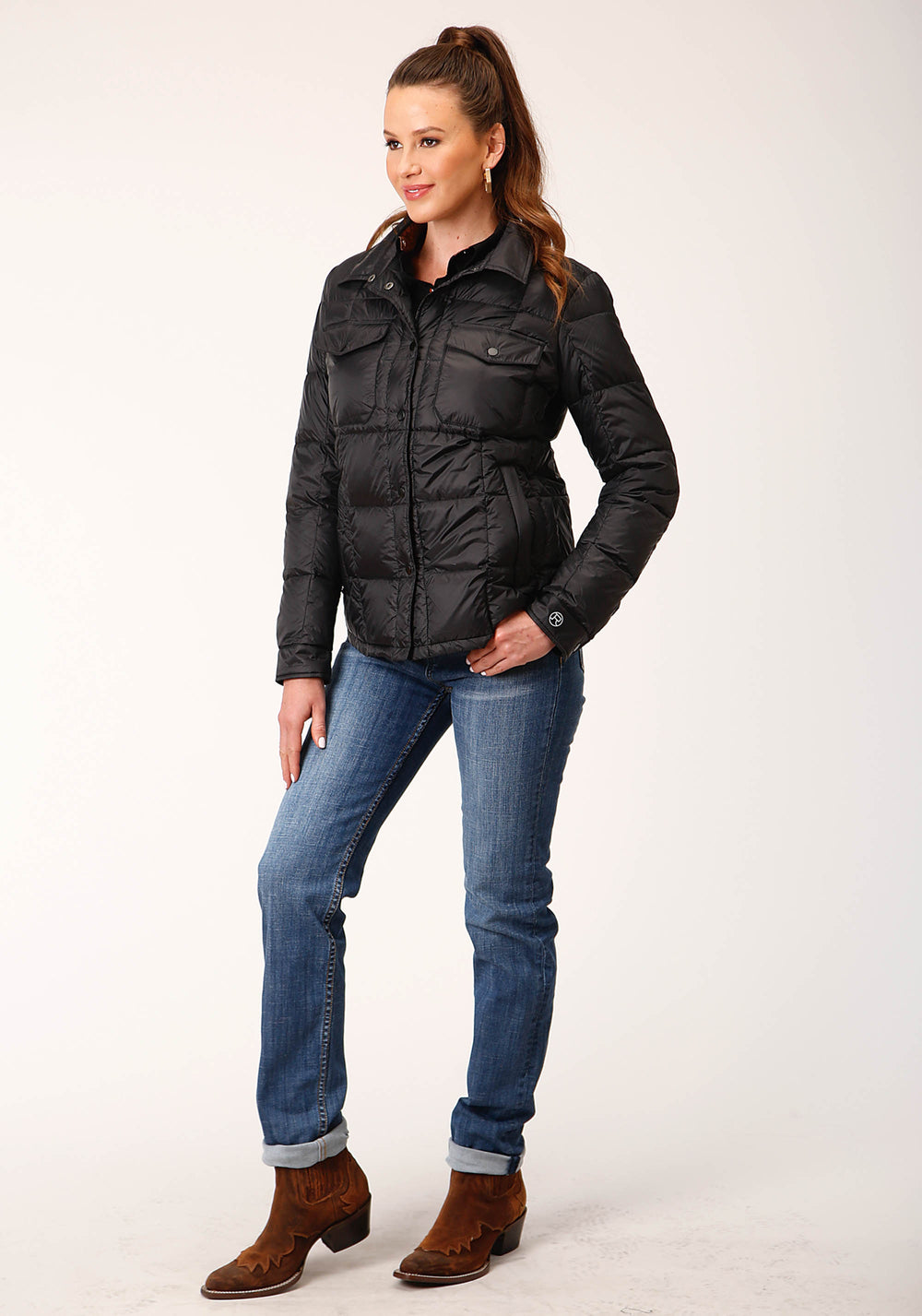 WOMENS BLACK NYLON DOWN SHIRT JACKET