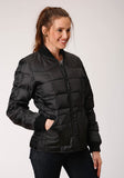 WOMENS BLACK QUILTED POLY FILLED ZIP FRONT JACKET