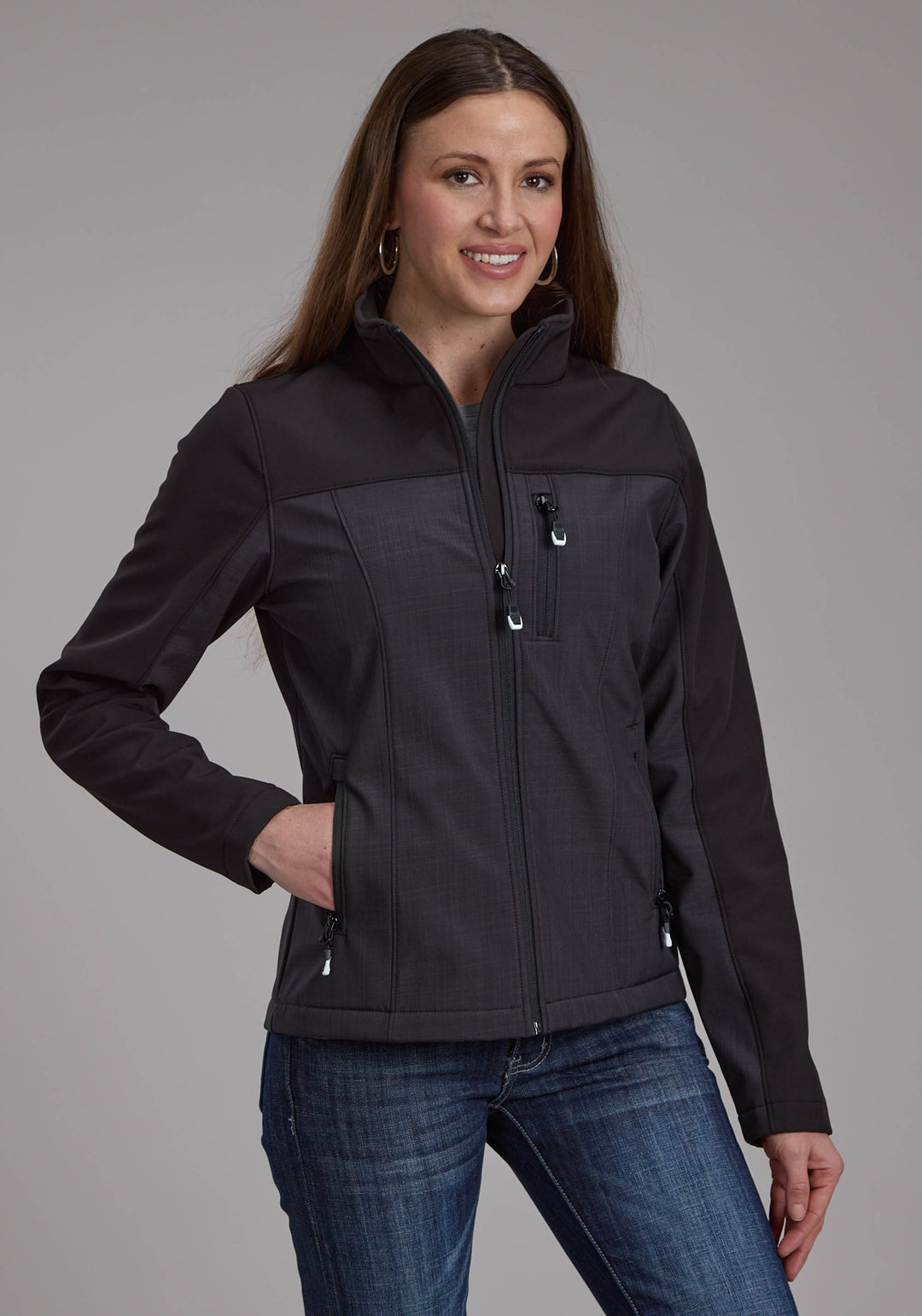 WOMENS GRAY BLACK PIECED SOFTSHELL ZIPPER JACKET