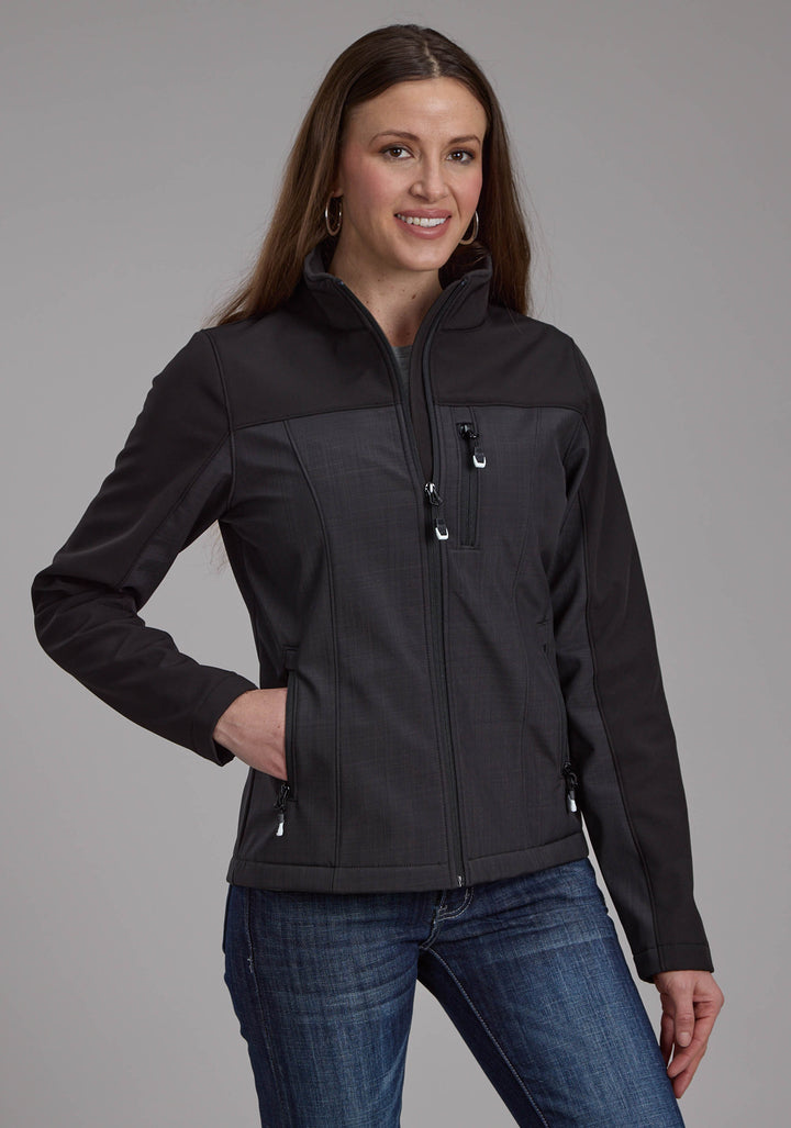 WOMENS GRAY BLACK PIECED SOFTSHELL ZIPPER JACKET