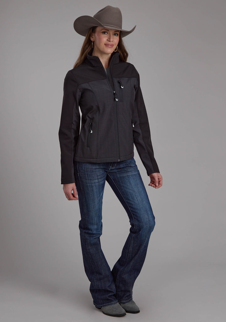 WOMENS GRAY BLACK PIECED SOFTSHELL ZIPPER JACKET