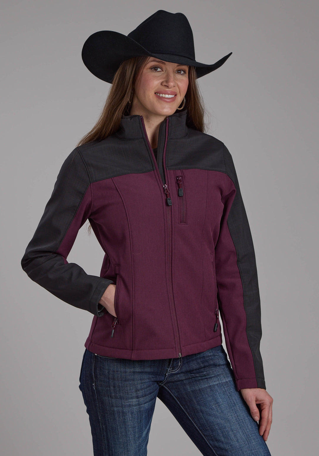 WOMENS WINE GRAY PIECED SOFTSHELL ZIPPER JACKET