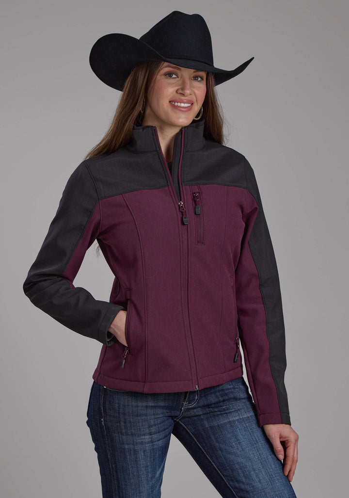 WOMENS WINE GRAY PIECED SOFTSHELL ZIPPER JACKET
