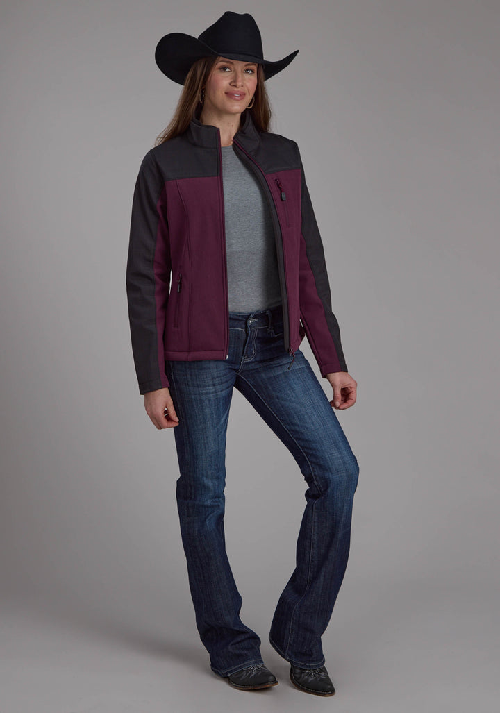 WOMENS WINE GRAY PIECED SOFTSHELL ZIPPER JACKET