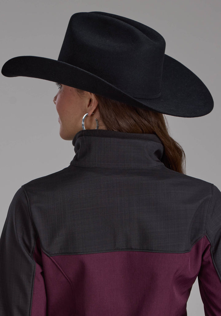 WOMENS WINE GRAY PIECED SOFTSHELL ZIPPER JACKET