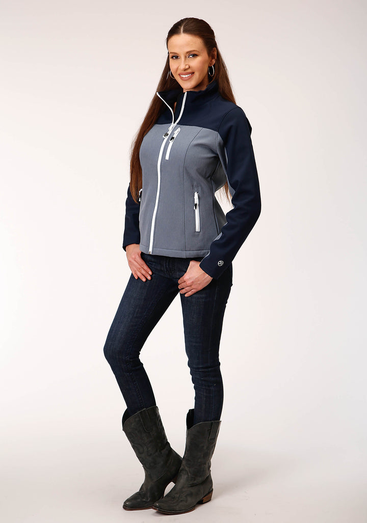 WOMENS PIECED NAVY SOFTSHELL TECH JACKET