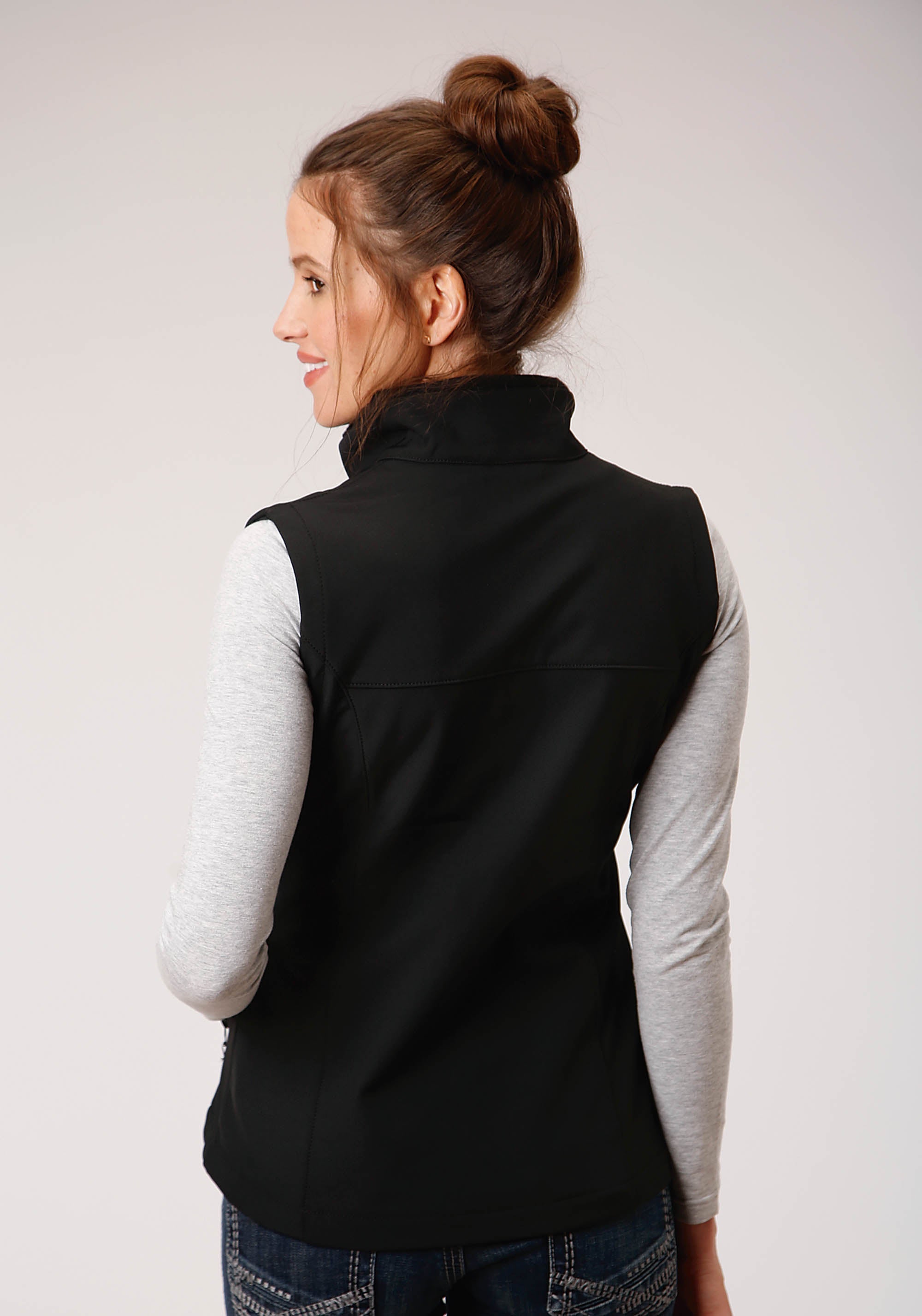 Womens Black Softshell With Black Fleece Lining Zip Front Vest