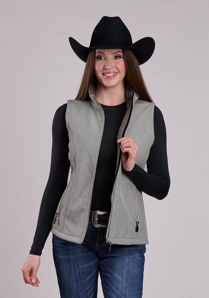 WOMENS VEST ZIPPER CREAM GREY STRIPE WESTERN VEST